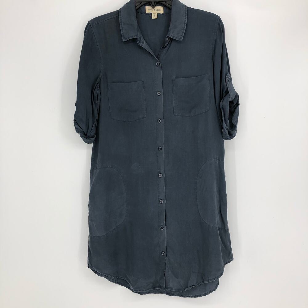 Cloth & Stone Womens Shirt Dress XS Blue Button Up Roll Tab Short Sleeve Pockets